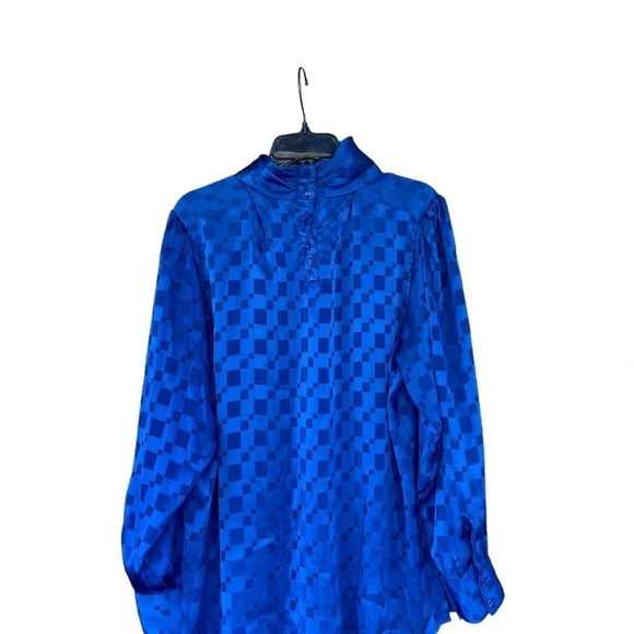 Vintage 80s 90s royal blue mock neck secretary blouse  top Dressy professional - Picture 2 of 6